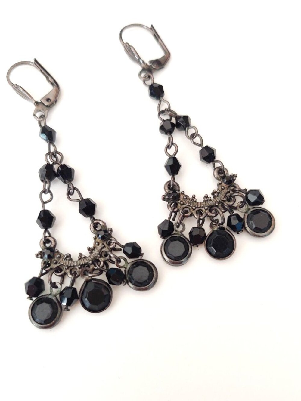Long dark gray earrings with black beads